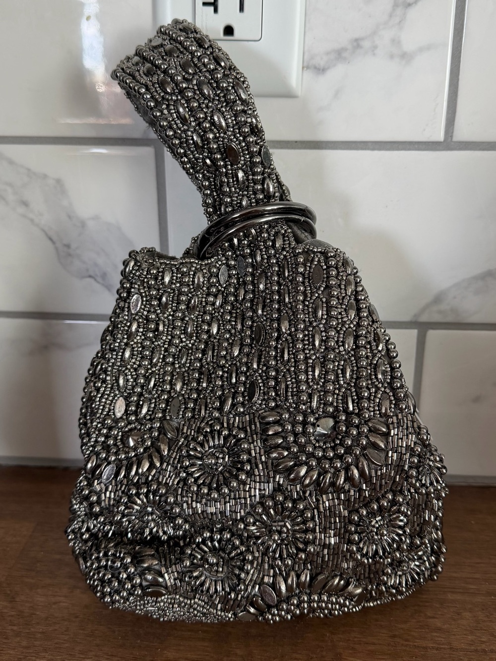 Embellished Silver Beaded Wristlet Clutch